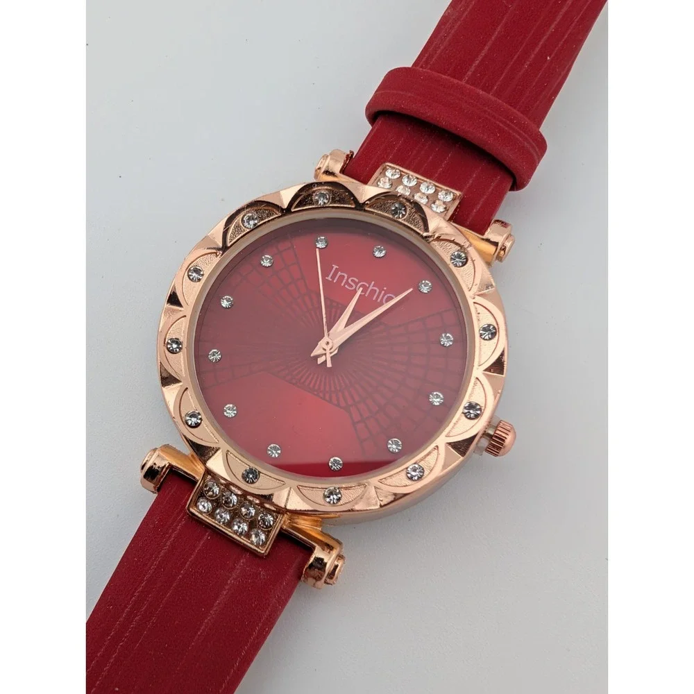 Inschic Watch Women 34mm Rose Gold Case Red Faux Leather Band- New Battery